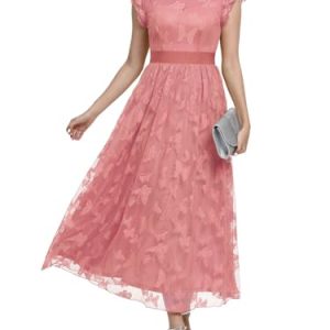 Women's Casual Tulle Midi Dress Ruffle Sleeve Crewneck Lace Flowy Dresses Party Wedding Guest Sundress